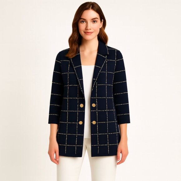 Ming Wang Heritage Fit Blue Dashed Windowpane Open Knit Jacket SM Gold Buttons - Picture 1 of 7